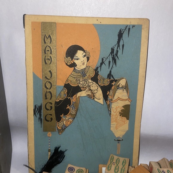 Antique Japanese Mah Jong Game 1920s Wood Tiles Bovine Dice Discs And Sticks - Picture 5 of 16